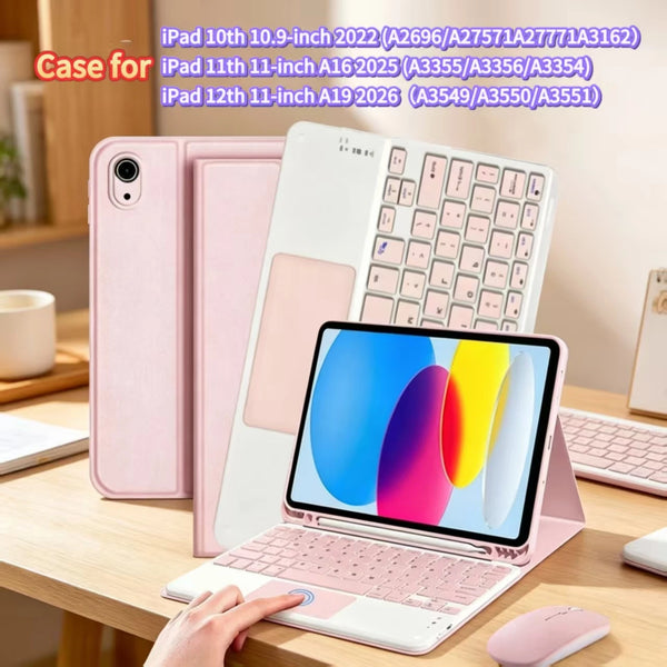 A pink and white universal Bluetooth keyboard case for various iPads shown next to a laptop.