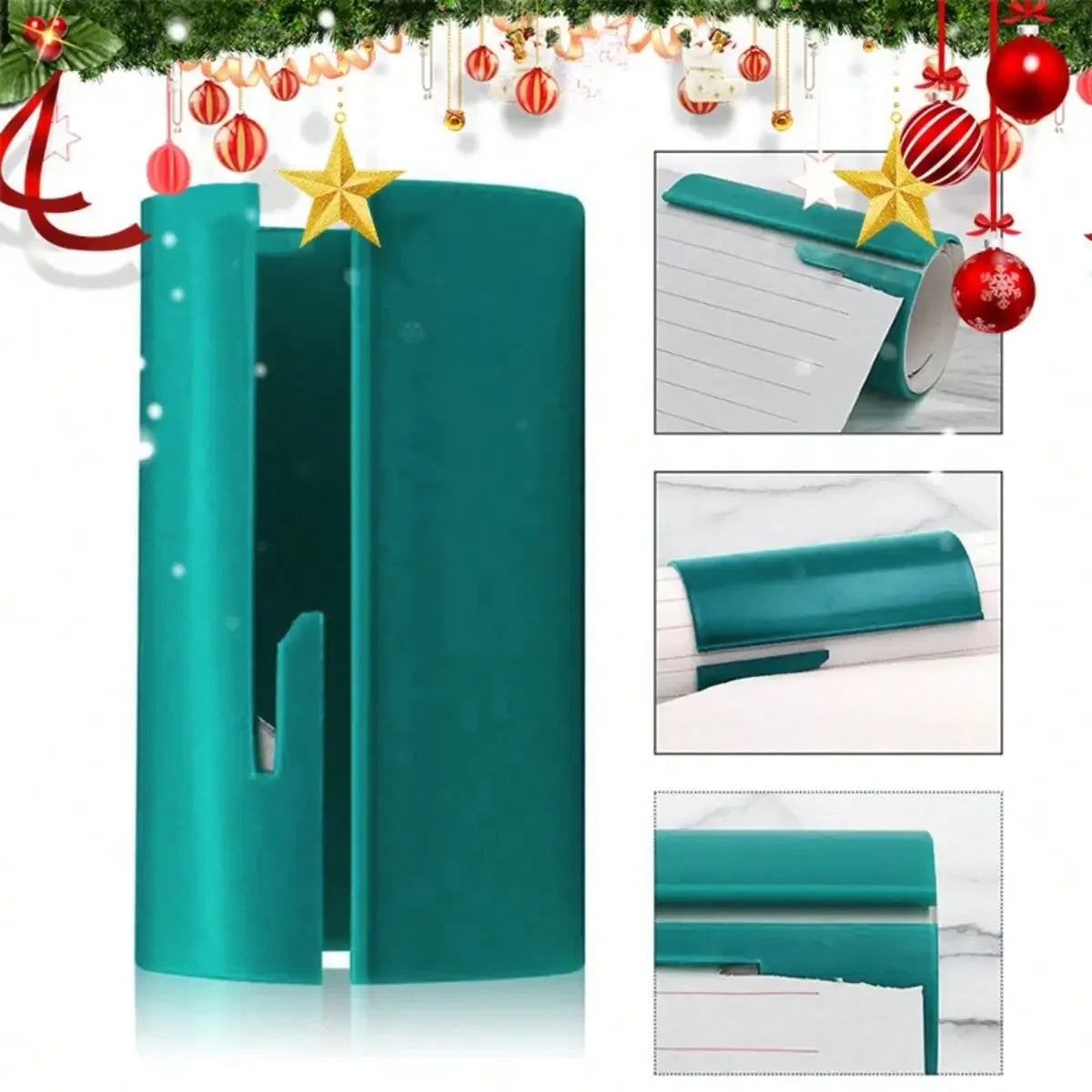 A teal plastic wrapping paper cutter with a star-shaped blade and accompanying wrapping paper rolls.