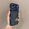 A hand holds a dark blue frosted magnetic silicone case for an iPhone, displaying a circular design.