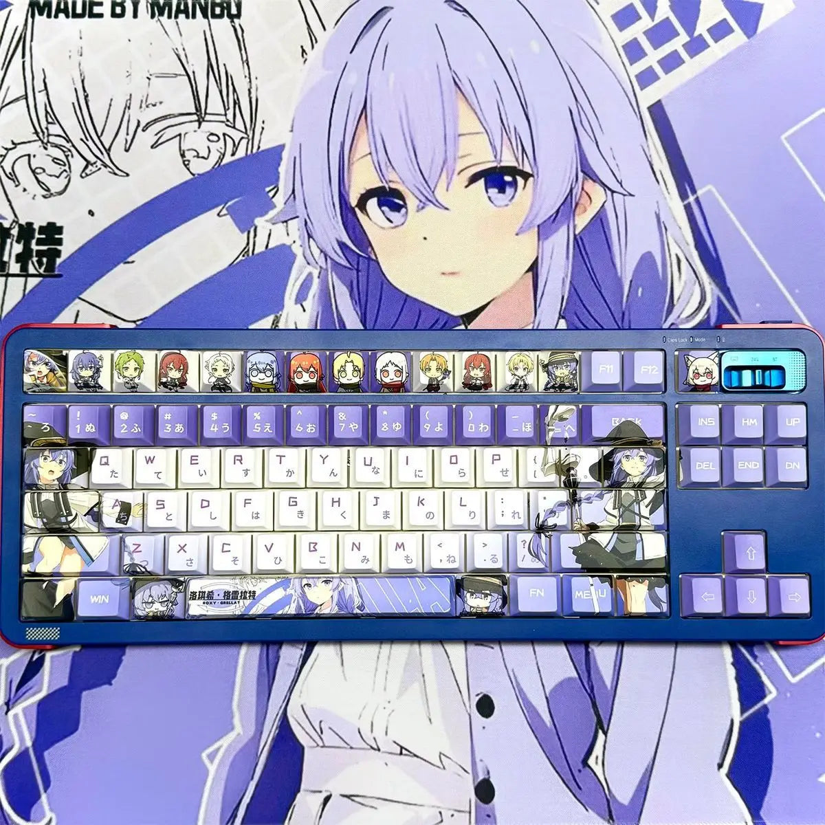 A close-up of a dye-sub backlit keycap set for a mechanical keyboard featuring various anime and character designs.