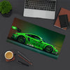A green JDM car design mouse pad featuring a detailed sports car illustration on a dark gray surface.
