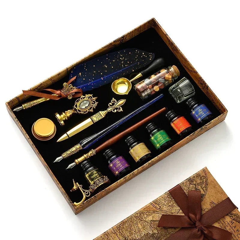 A luxury fountain pen set with a wax seal kit displayed in a wooden box.