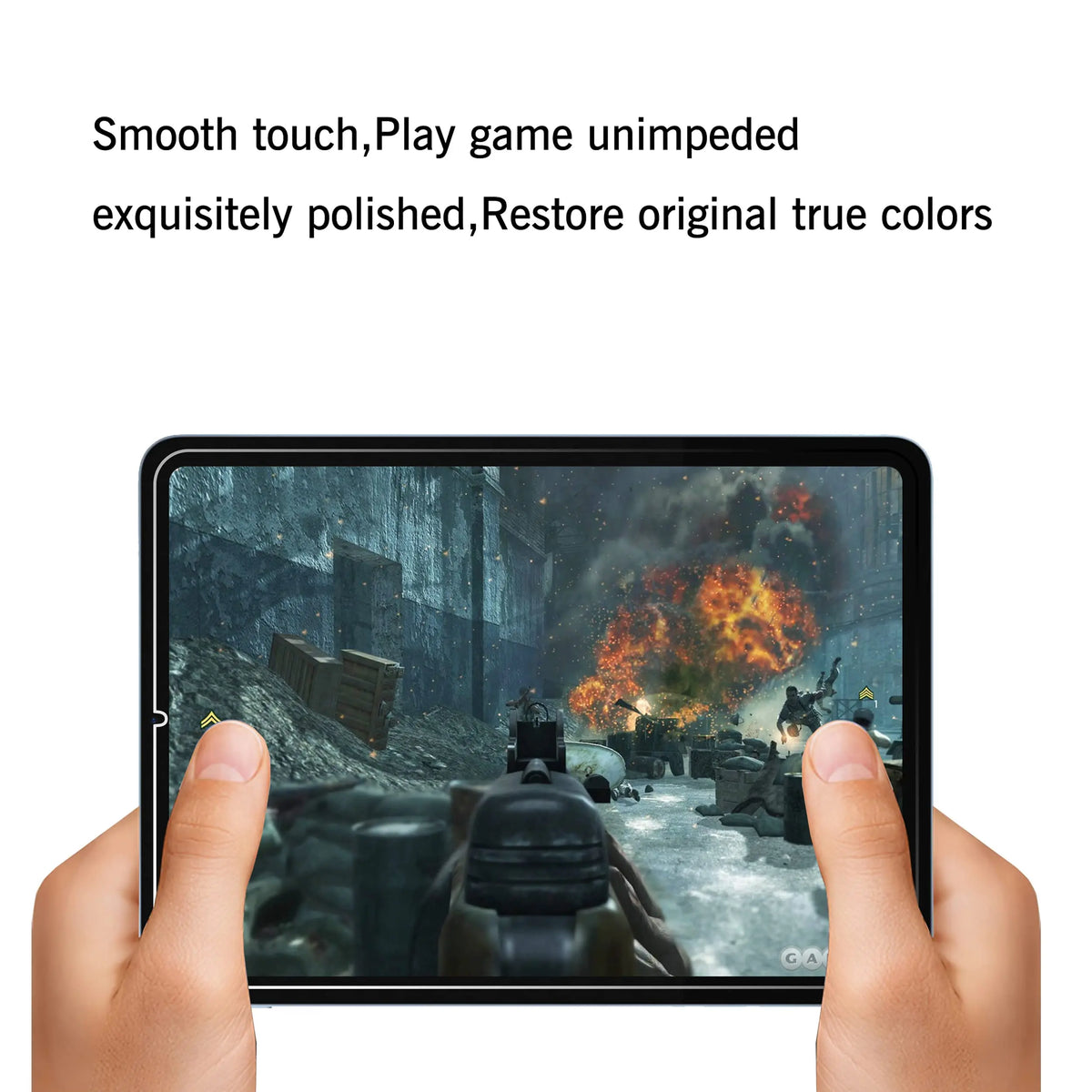 Hands holding an iPad Mini displaying a game with smooth touch and restored colors.