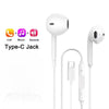 White wired earphones with a Type-C jack and accompanying cable shown next to icons for call, music, and remote.