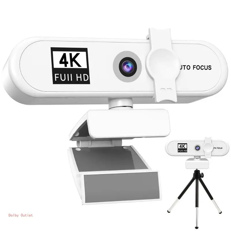 Webcam autofocus 4K HD blanche avec son boîtier et support de montage.