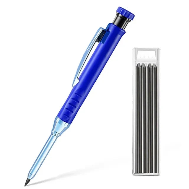A blue mechanical pencil set with a sharpener and lead visible in a diagonal angle.
