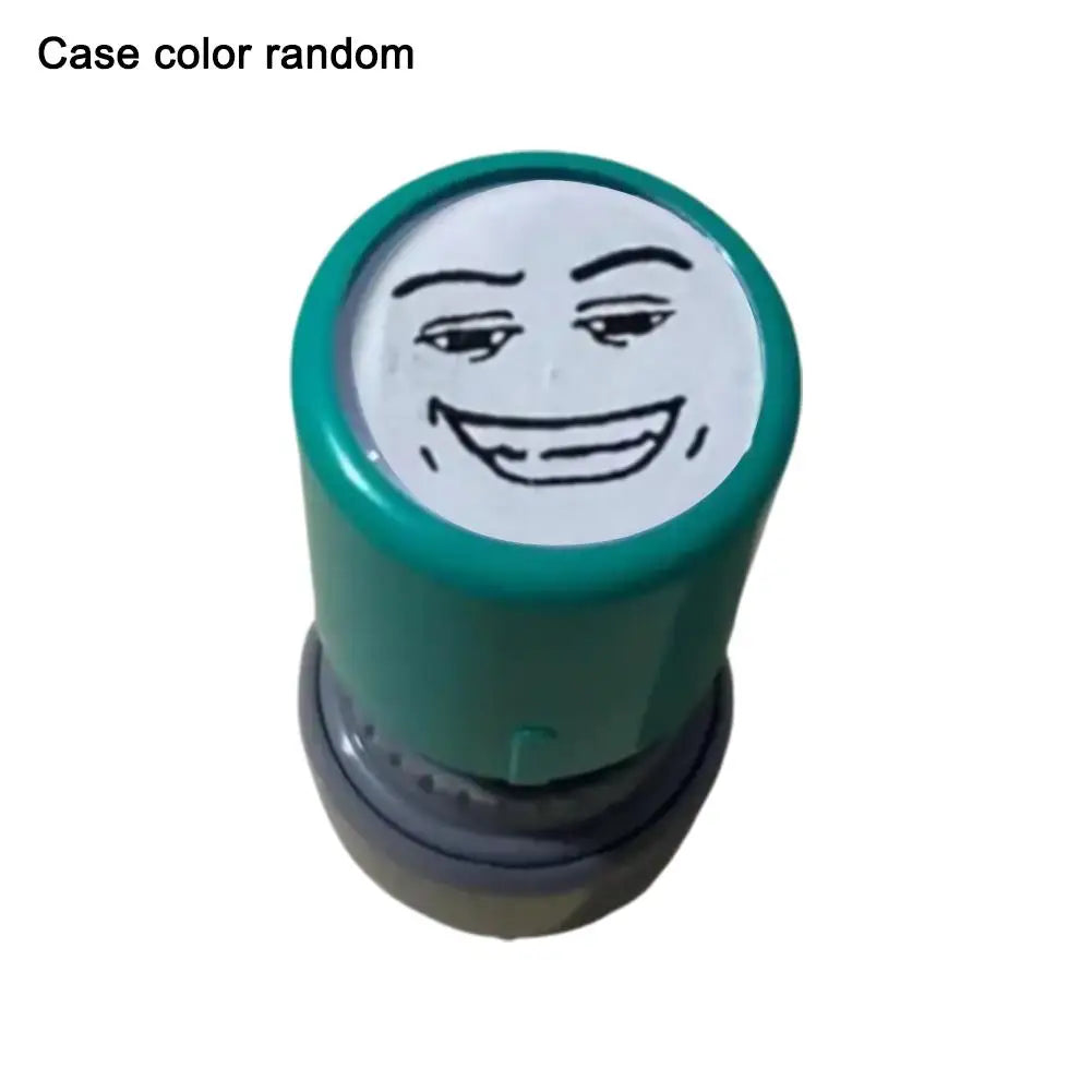 A rubber stamp with a funny meme face design on the top, colored green and white.