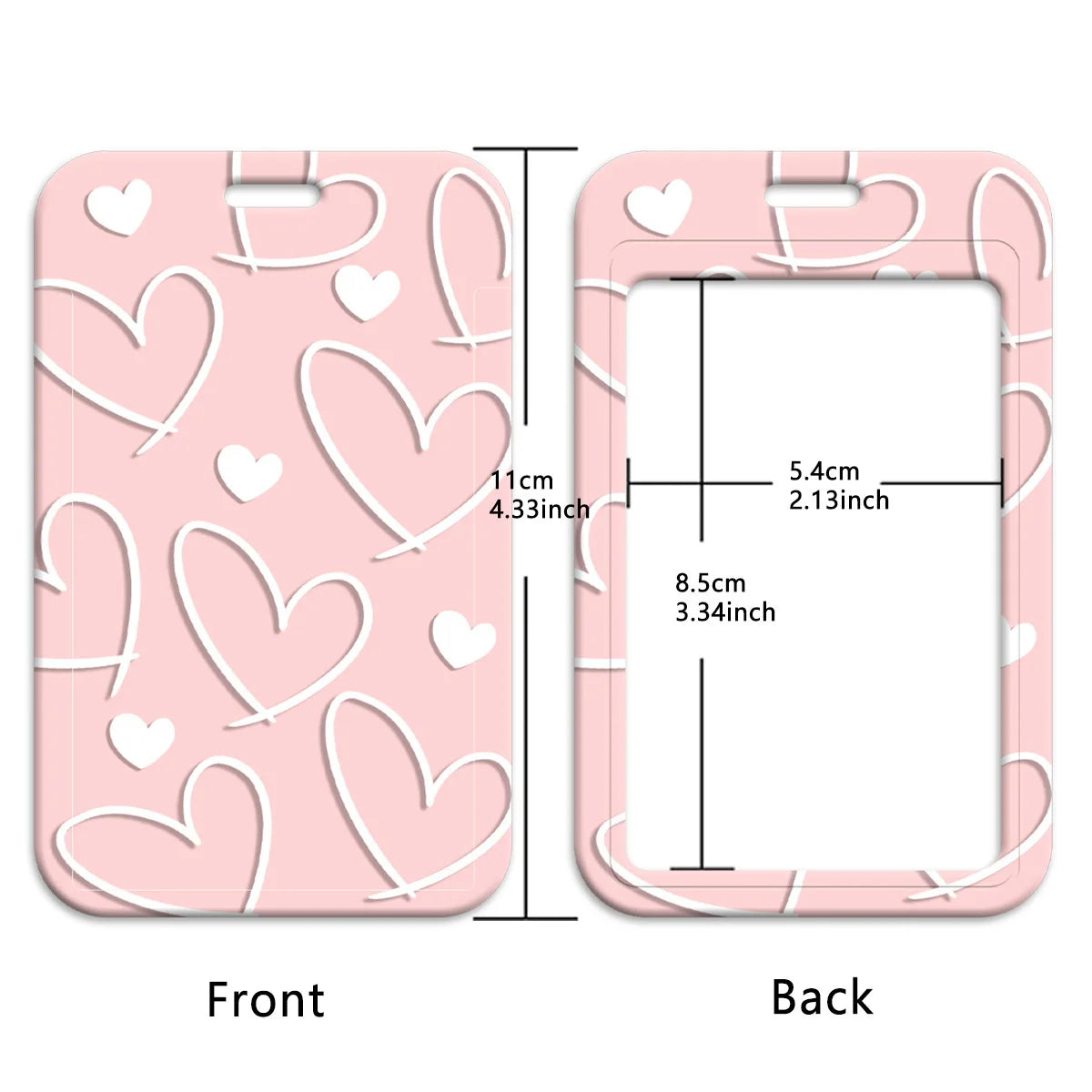 Front and back views of a minimalist pink heart-shaped lanyard for badges and keys