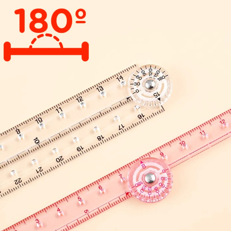 A set of foldable acrylic geometry rulers showing a 180-degree angle measurement.