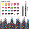 Un set de 24 marcadores de pintura acrílica vibrantes en varios colores, incluyendo amarillo, rosa, naranja y verde.