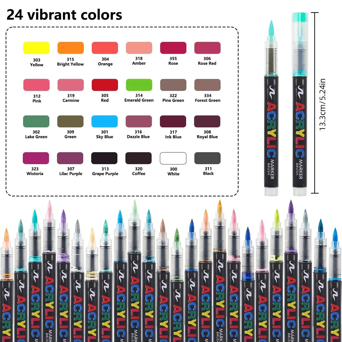 Un set de 24 marcadores de pintura acrílica vibrantes en varios colores, incluyendo amarillo, rosa, naranja y verde.