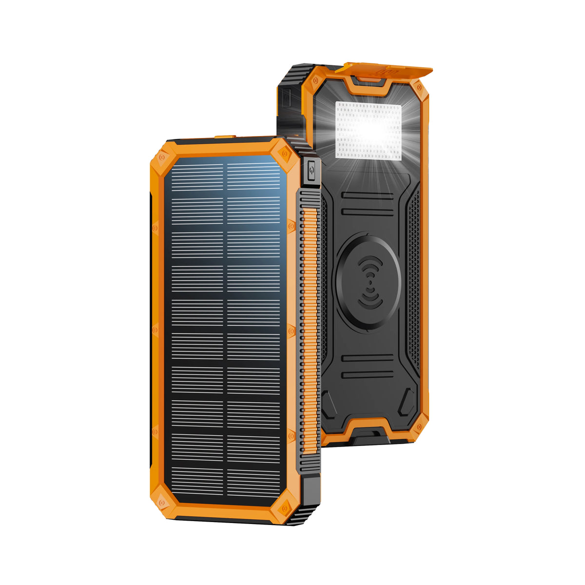 An orange and black solar power bank with a built-in LED flashlight is shown.