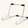 A silver foldable aluminum stand designed to hold a tablet or laptop.
