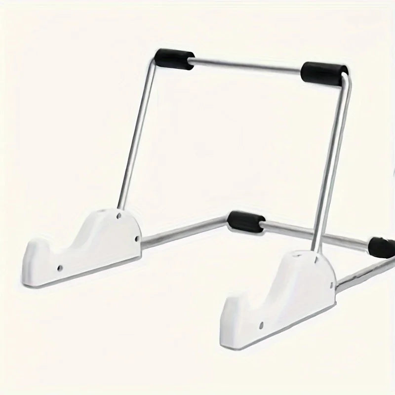 A silver foldable aluminum stand designed to hold a tablet or laptop.