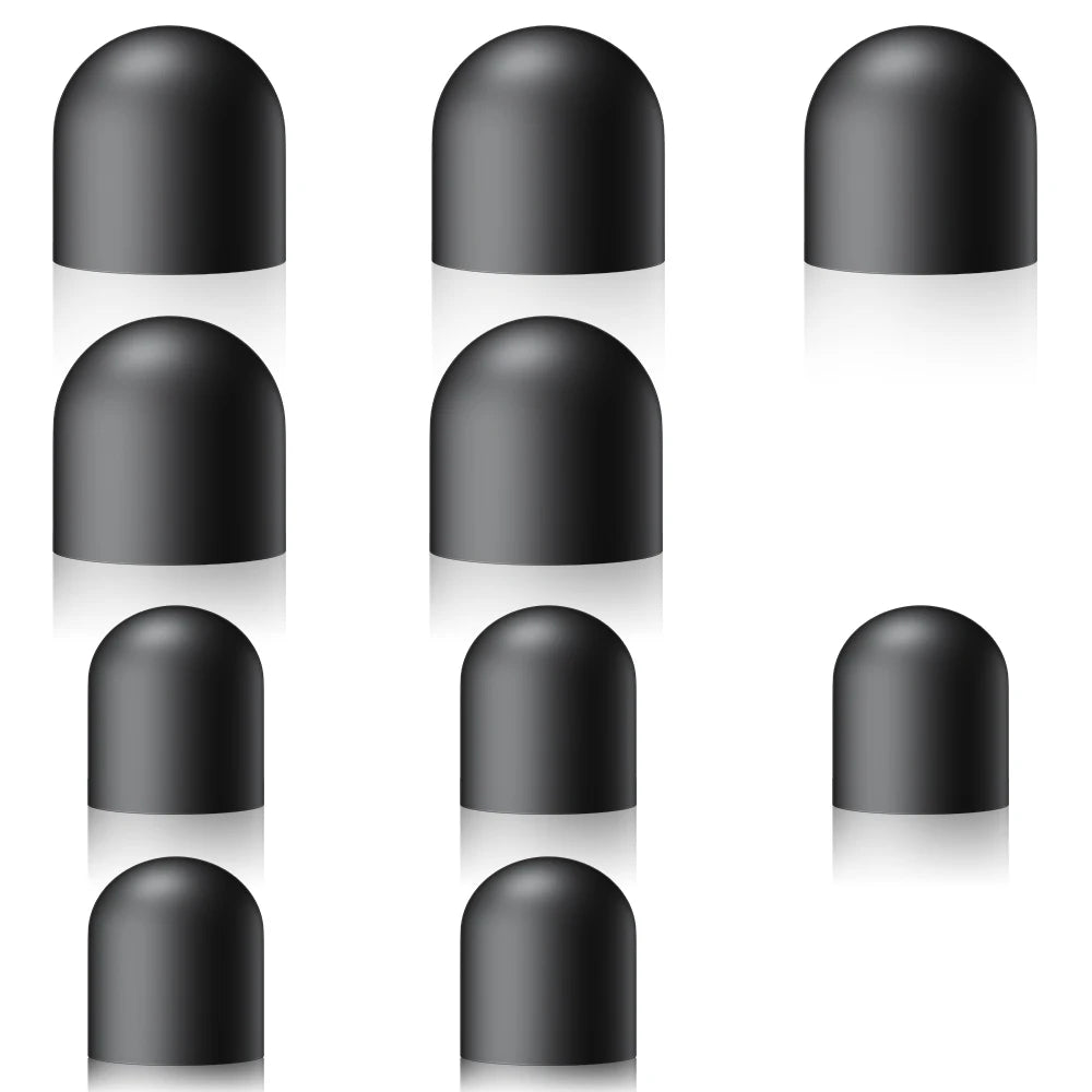 Un juego de seis bolígrafos capacitivos negros de precisión, vistos desde arriba con reflejos.