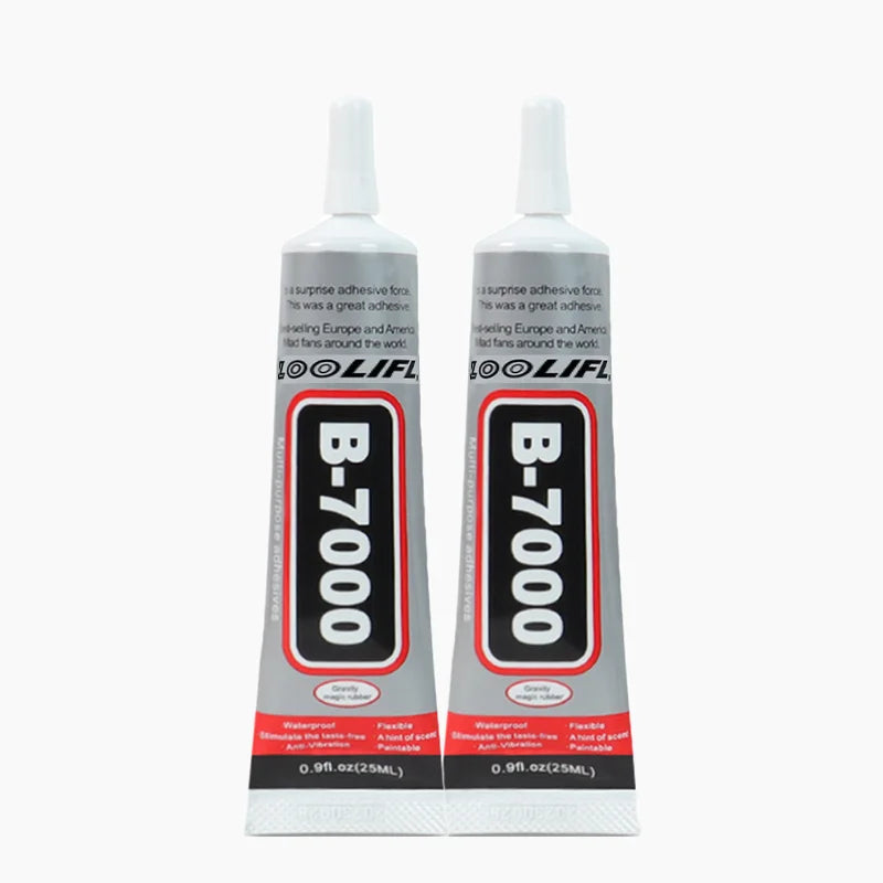 A bottle of B-7000 surprise adhesive jewelry glue with a white cap and black label.