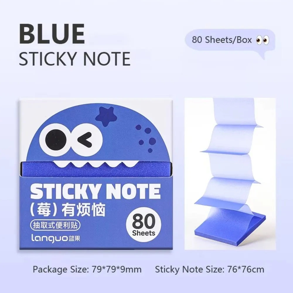 Blue sticky note box with 80 sheets and a pearlescent cartoon fruit design