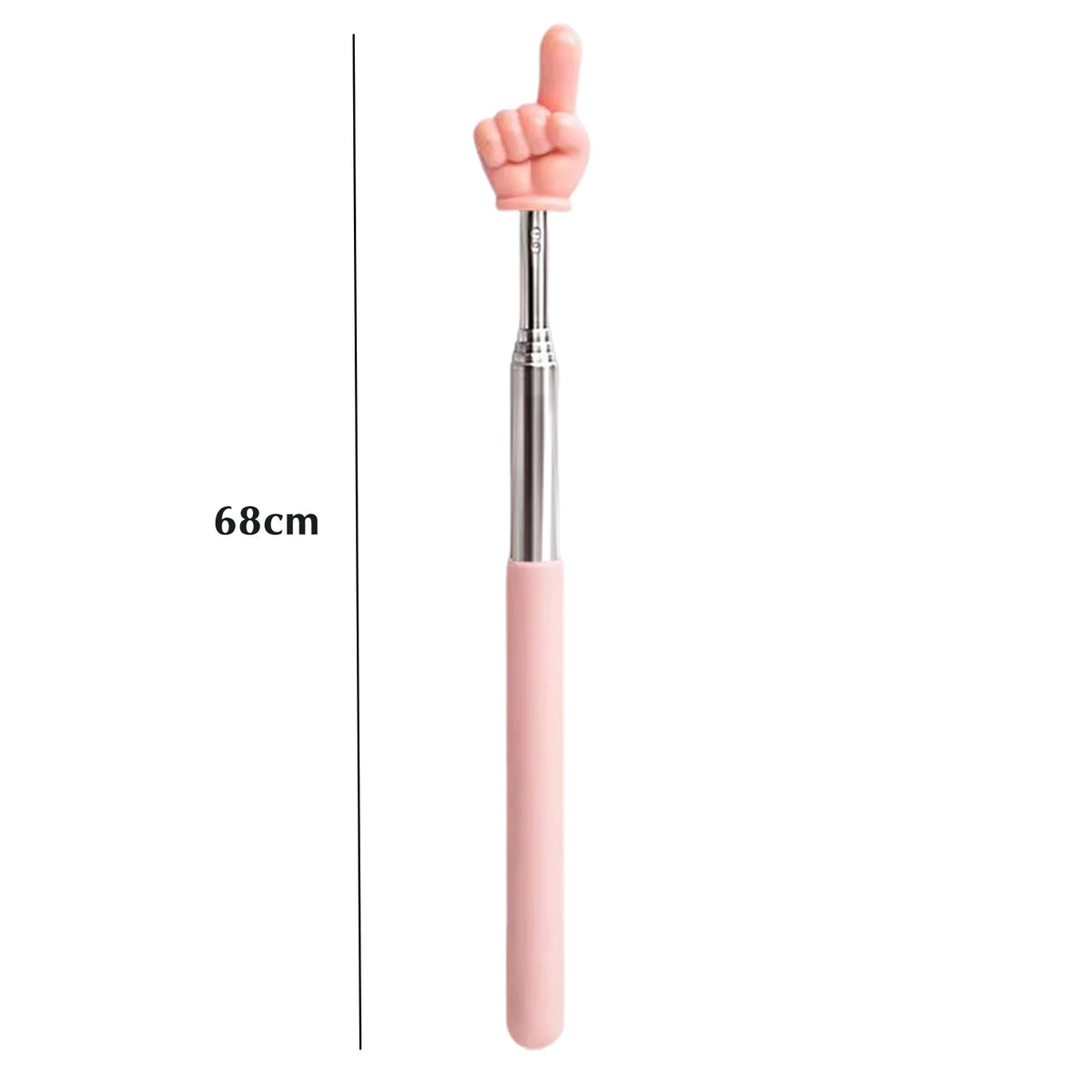 A pink retractable teacher pointer stick measuring 68cm with a hand gesture at the top.