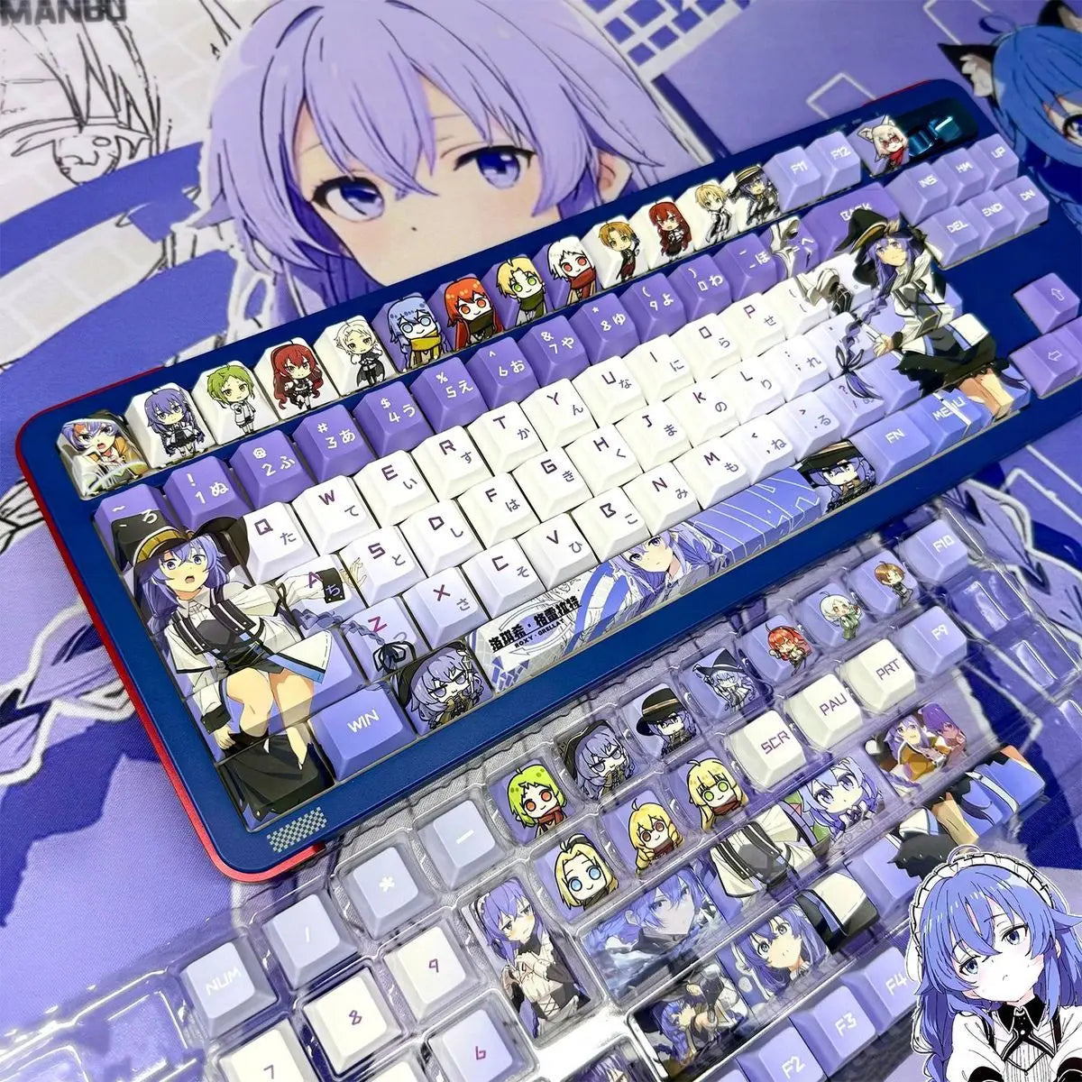 A close-up of a mechanical keyboard featuring a dye-sublit backlit keycap set with anime and character designs.