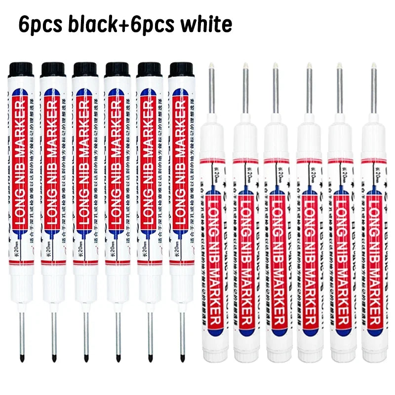 Six black and six white long nib marker pens for deep hole marking