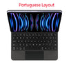 A black backlit touchpad magic keyboard with a Portuguese layout displayed on an iPad.
