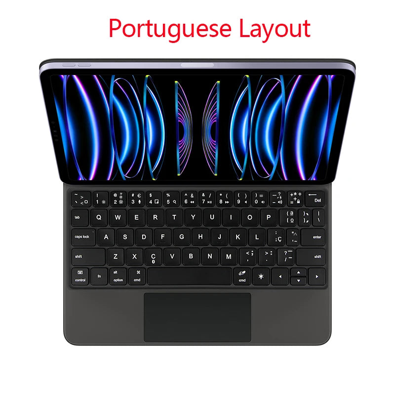 A black backlit touchpad magic keyboard with a Portuguese layout displayed on an iPad.