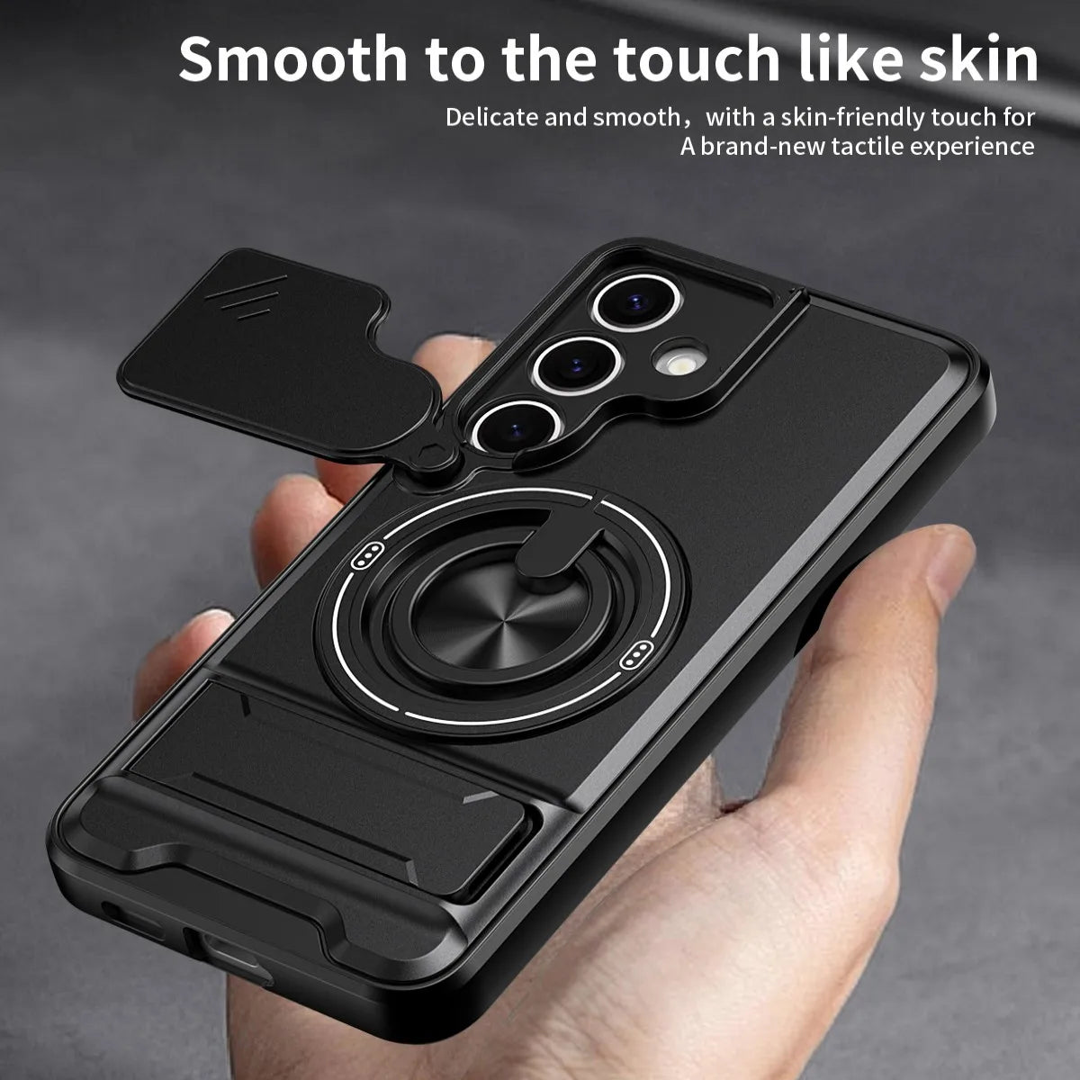 A hand holds a black Armor Shockproof phone case with a camera cover and built-in kickstand.