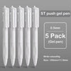 A set of five white ST push gel pens with black ink, showing the writing tip and barrel.