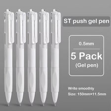 A set of five white ST push gel pens with black ink, showing the writing tip and barrel.