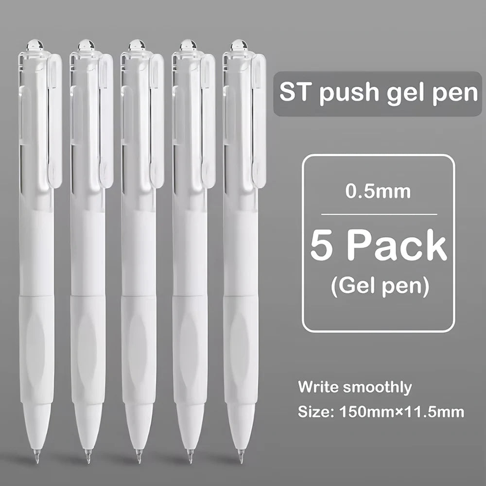 A set of five white ST push gel pens with black ink, showing the writing tip and barrel.