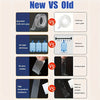 Comparison chart showing New vs Old versions of mounting tape highlighting improved stickiness, residue, and temperature resi