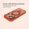 A copper-colored magnetic phone case with a stand and an HD lens protector is shown on a light background.