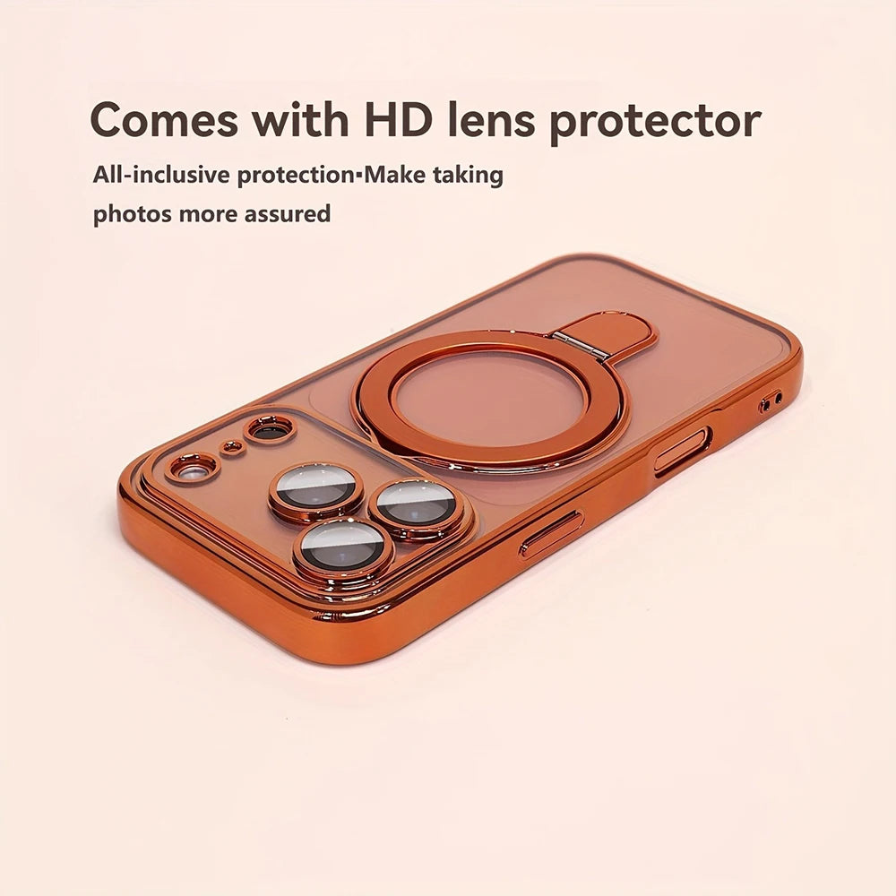 A copper-colored magnetic phone case with a stand and an HD lens protector is shown on a light background.