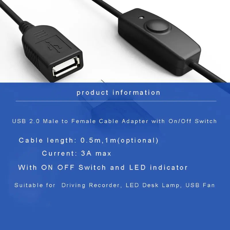 محول كابل USB 2.0 ذكر إلى أنثى باللون الأسود مع مفتاح تشغيل/إيقاف ومؤشر LED.