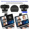 A 4K HD web camera with a built-in privacy cover shown in various operational modes and connected to a laptop.