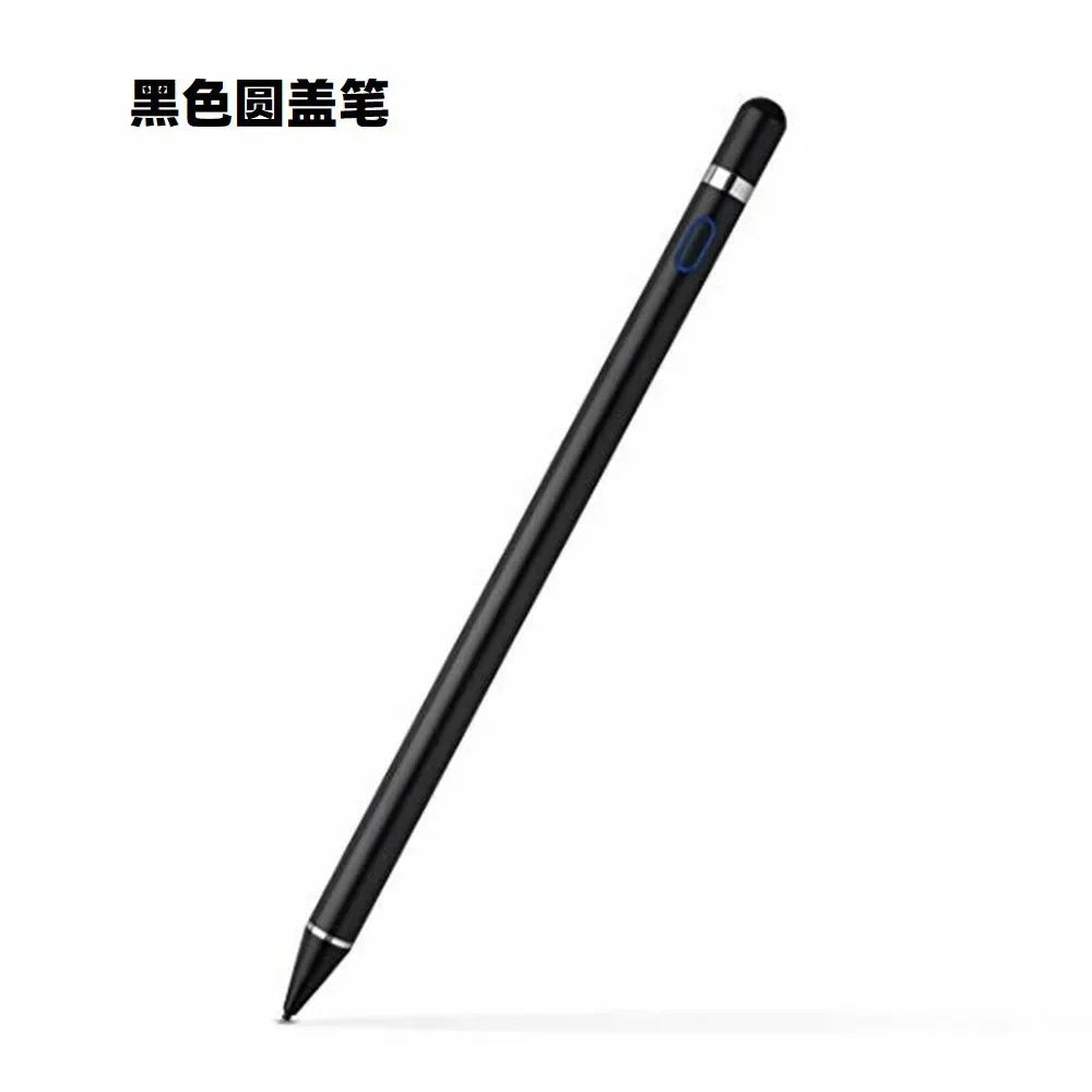Black round stylus pen with a blue tip shown diagonally.