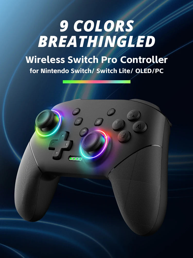 A black programmable turbo controller for Nintendo Switch, featuring nine colors breathing light effects.