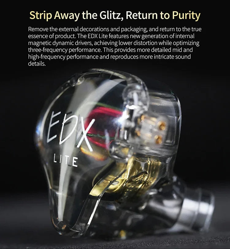 A close-up view of the clear housing and wiring of the EDX Lite in-ear monitors.