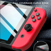 A red tempered glass screen protector for a Nintendo Switch console is shown with a close-up of the screen edge.