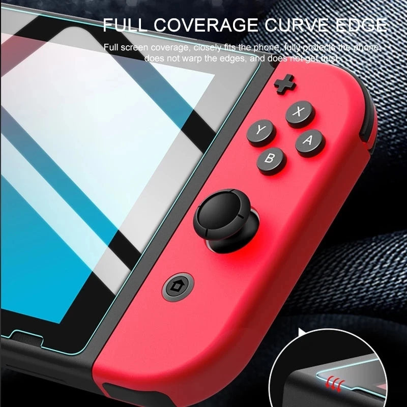 A red tempered glass screen protector for a Nintendo Switch console is shown with a close-up of the screen edge.