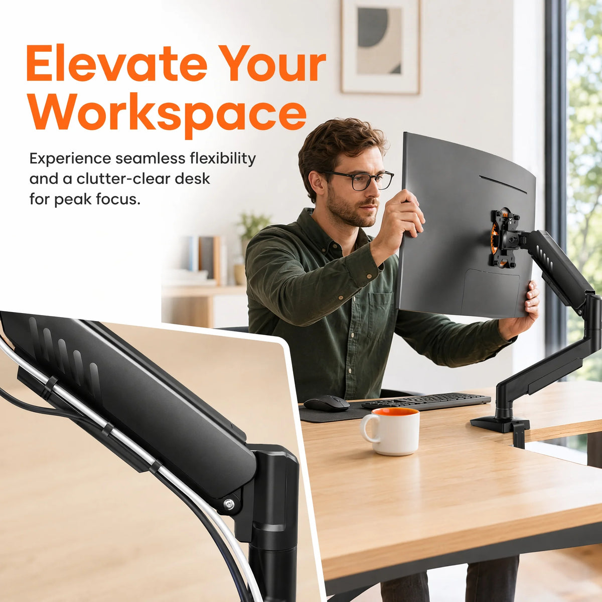 A man is using a fully adjustable monitor arm for his desktop computer setup.