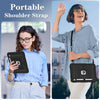 A woman is holding a black silicone protective case with a stand for an iPad.