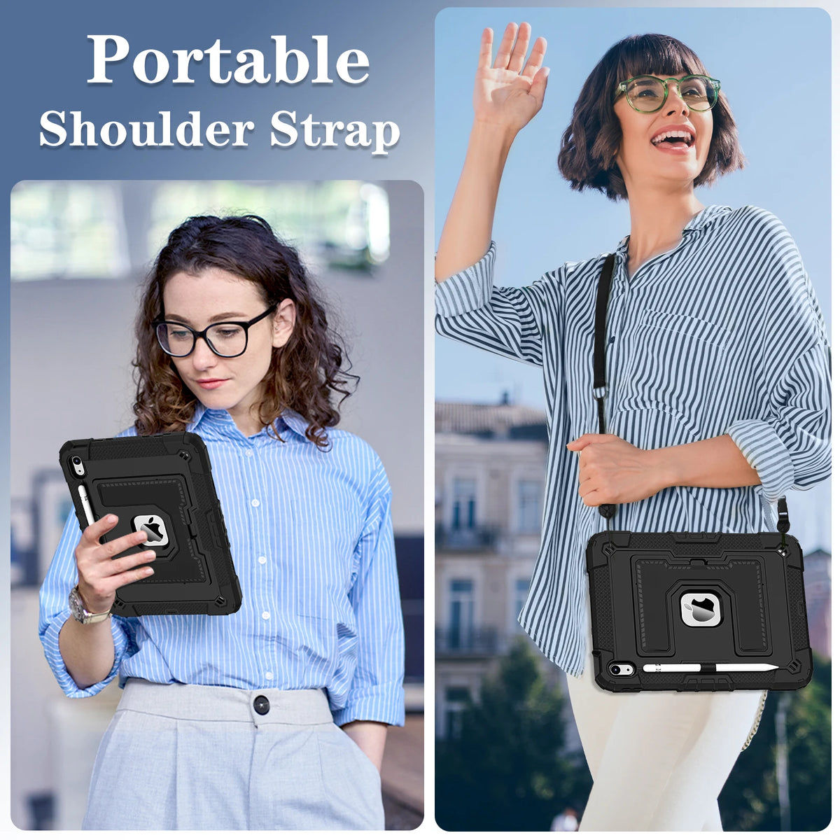 A woman is holding a black silicone protective case with a stand for an iPad.