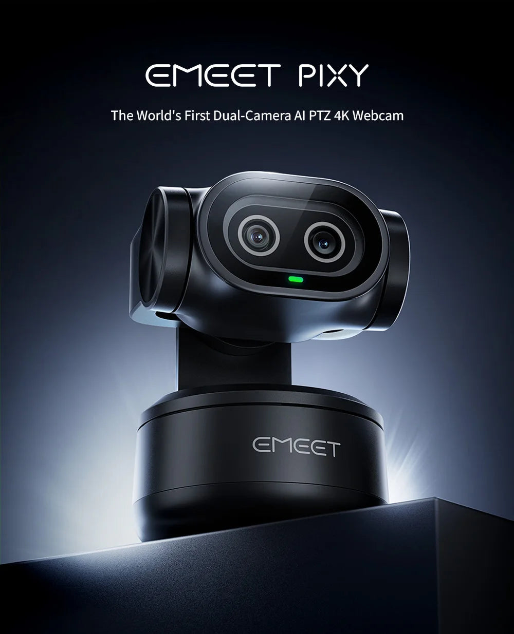 A black EMEET PIXY dual-camera AI PTZ 4K webcam mounted on a stand.