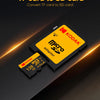 A yellow Kodak Micro SD adapter card is shown on a black surface, illustrating the conversion from TF to SD cards.