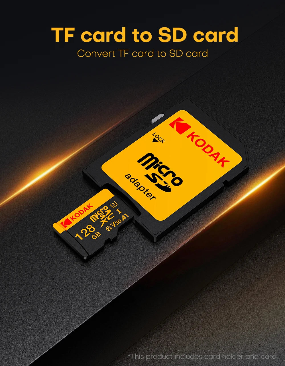 A yellow Kodak Micro SD adapter card is shown on a black surface, illustrating the conversion from TF to SD cards.