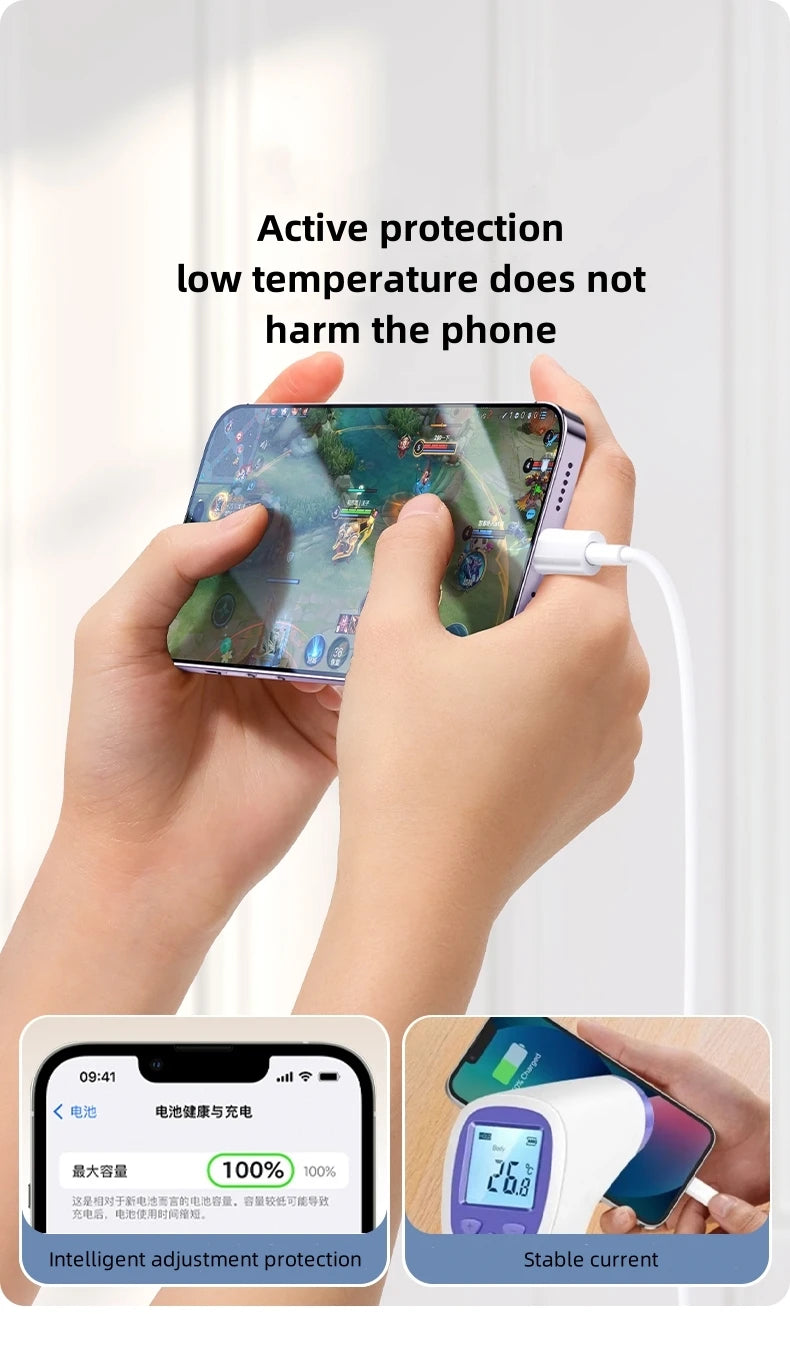 Hands hold an iPhone while it is being charged by a device that provides active protection and stable current.
