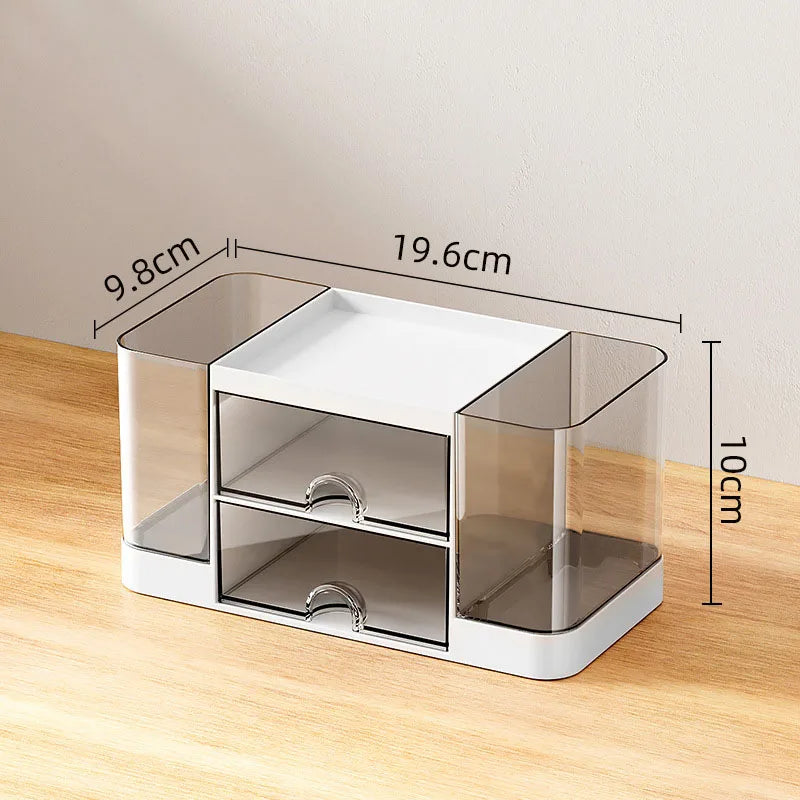 A white multifunctional desk organizer with two clear storage drawers shown from the top view.