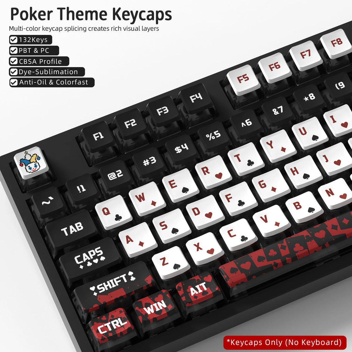 Multi-color PBT and PC keycaps for a mechanical keyboard showing various layouts and features