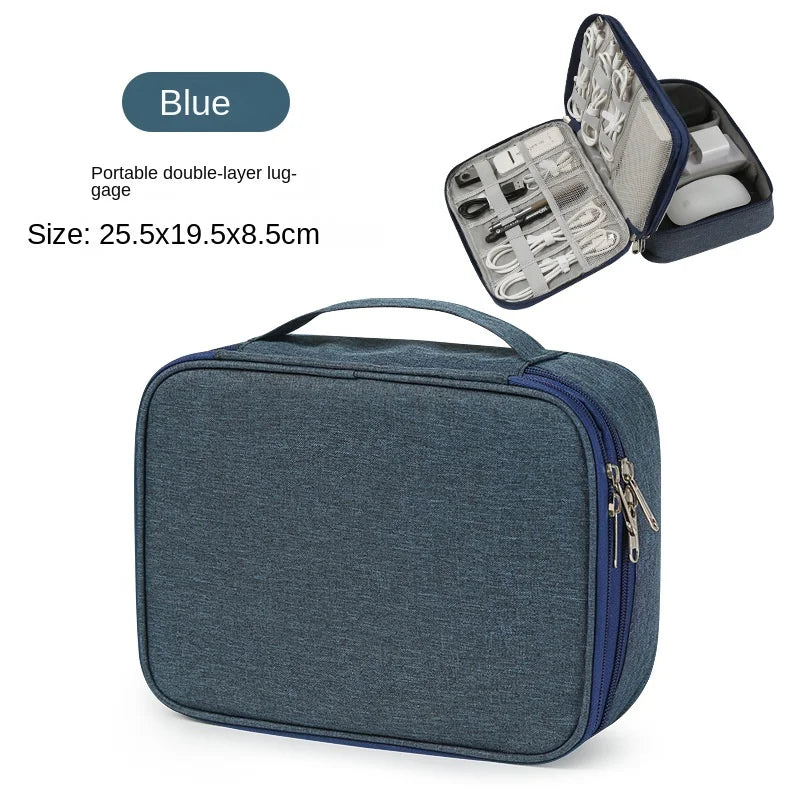 A blue portable double-layer luggage bag for organizing and storing electronics cables.
